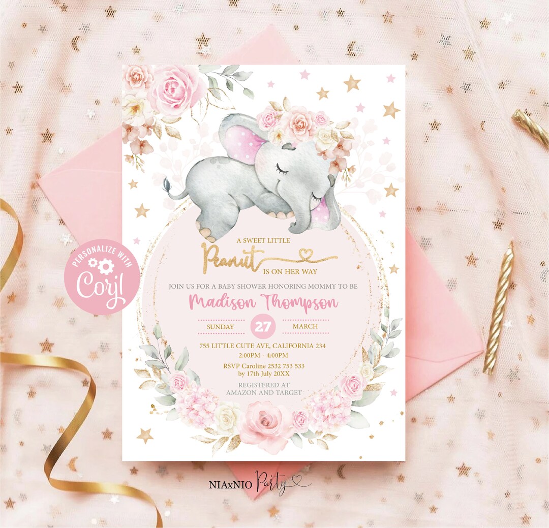 Girly Blush Floral Elephant Baby Shower Invitation, Pink Gold Twinkle ...