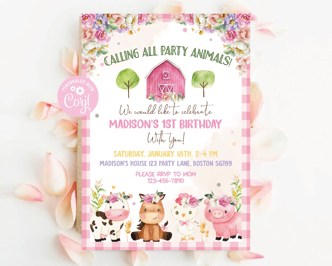 EDITABLE PINK Girl Farm Birthday Invitation, Barn Animals Party Invite ...