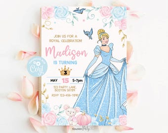 Faire-part d'anniversaire Cendrillon modifiable : fête de princesse (numérique)