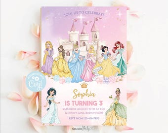 May include: A pink and purple princess-themed birthday invitation with a castle and several Disney princesses. The text reads "Sophia is turning 3" with the date and time of the party.