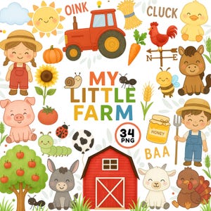 Watercolor Farm Animal Clip Art: Baby Shower, Birthday (PNG Digital Download)