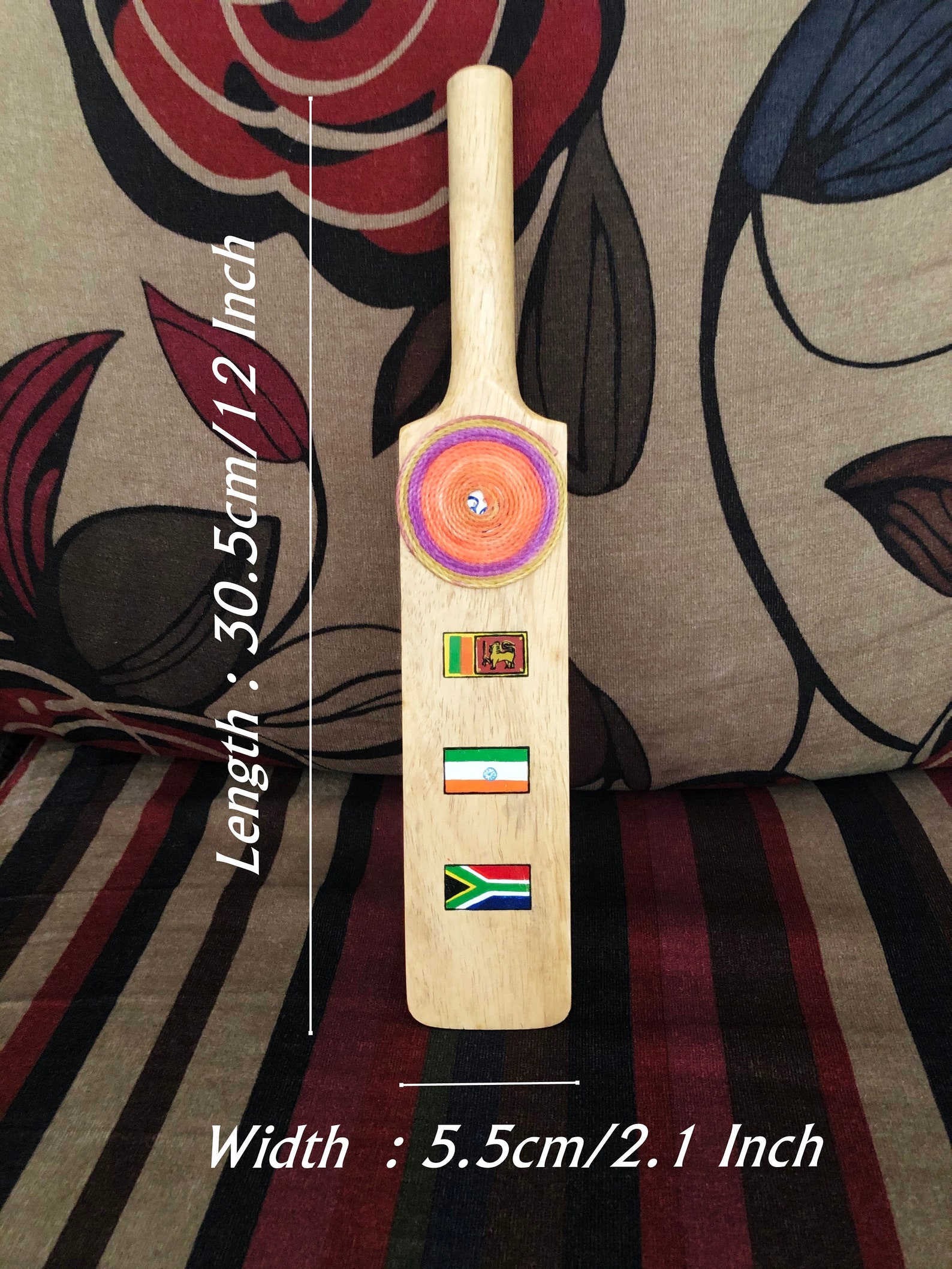 Handmade Wooden Cricket Bat Small Size, Sri Lankan, Indian, South Africa Painted Flags, Home