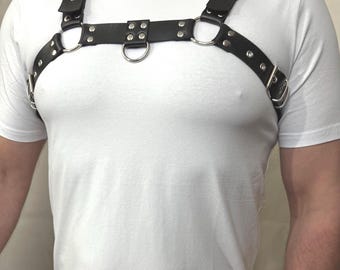 Men's Vegan Leather Chest Harness: Silver Hardware Streetwear
