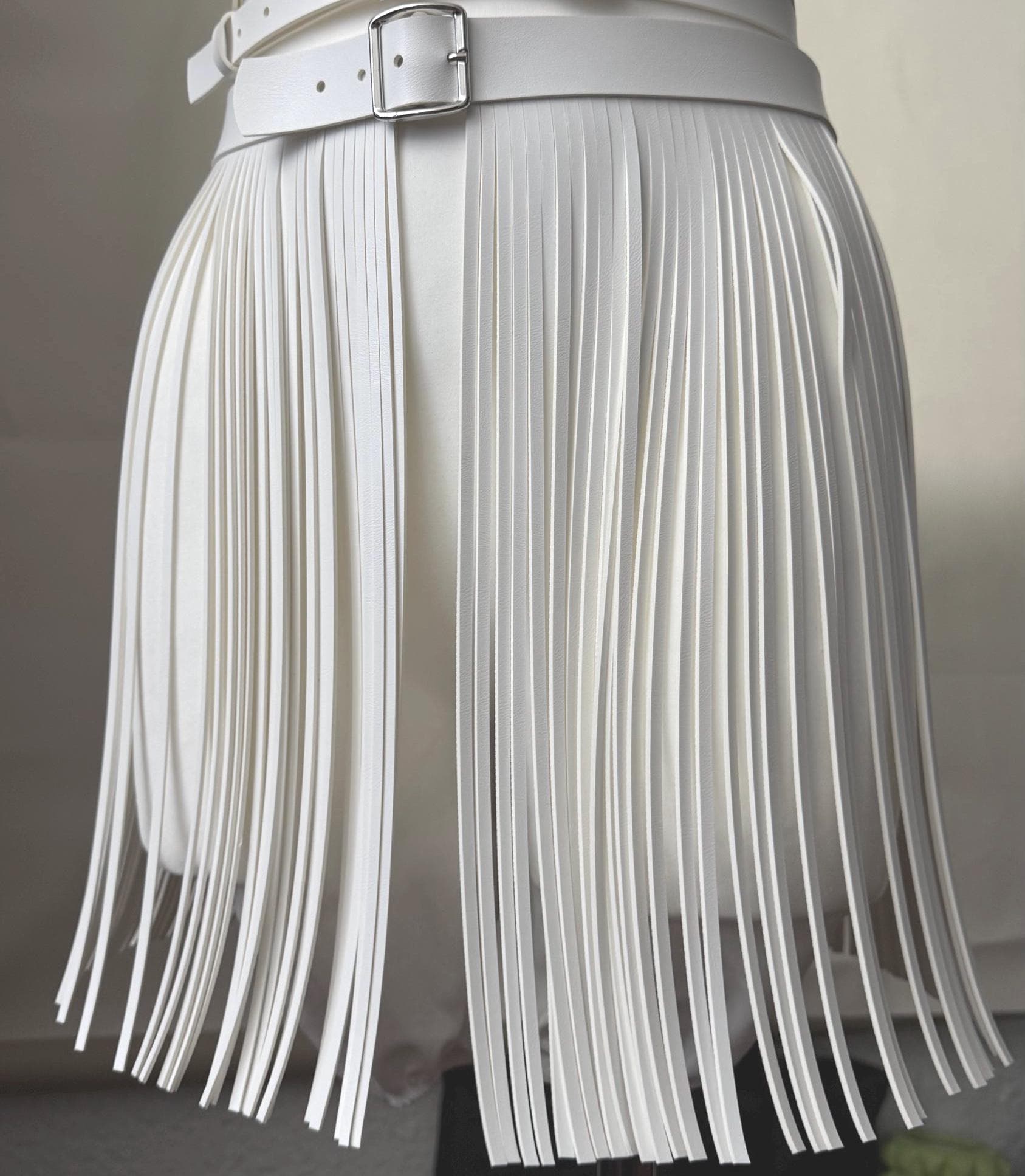 Short Fringe white Skirt Belt – Chic Vegan Leather Accessory belt Leather fringe skirt Fringe belt in the waist