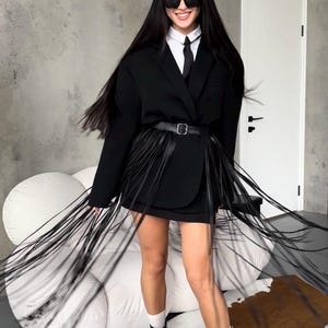 Lange vegan rok met franje 90 cm met riem Leren rok met franje Riem met franje in de taille