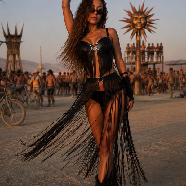 Floor-Length Fringe Belt, Vegan Leather, Festival Outfit, Burning Man Style