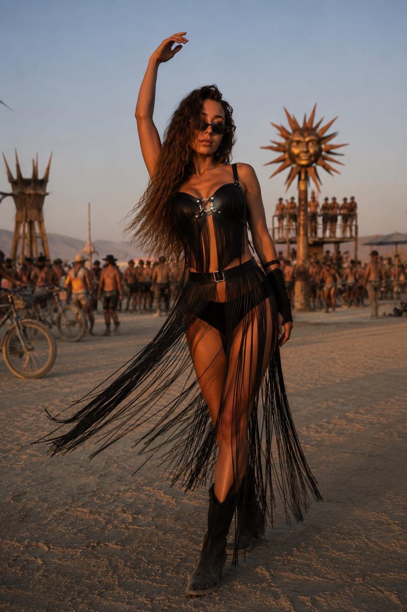 Cinturón largo con flecos de 110 cm, cinturón de cuero vegano para festivales, atuendo para Burning Man, ropa para raves. imagen 3