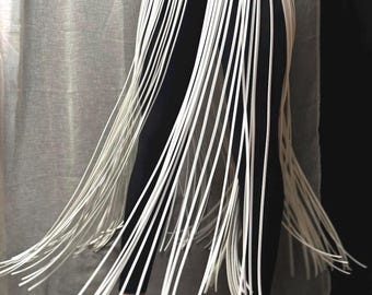 Long White Fringe vegan skirt 110 cm with belt Leather fringe skirt Fringe belt in the waist