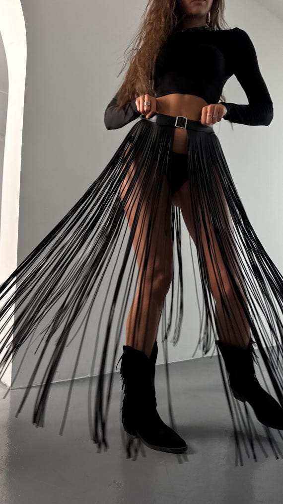 110cm Long Fringe Belt, Vegan Leather Festival Belt, Burning Man Outfit, Rave Wear