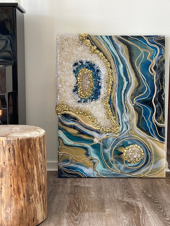 Large Geode Resin Blue, Green & Gold, painting with crystals