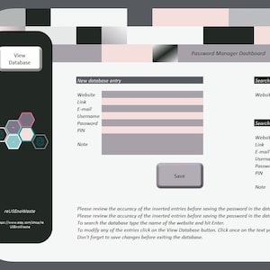 以下が含まれることがあります： グレーとピンクのカラーテーマのパスワードマネージャーダッシュボードのスクリーンショット。ダッシュボードには、新しいデータベースエントリを追加したり、データベースを検索したりするためのセクションがあります。検索結果は、エントリが見つからなかったことを示しています。