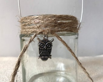 Hanging glass jar with twine tea light Holder lanterns owl charm rustic wedding party decor outdoor indoor lighting shabby chic vase