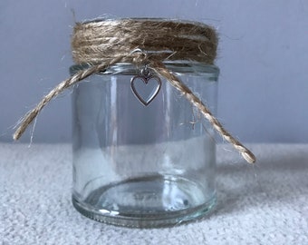 glass jar with twine and heart charm tea light Holder lanterns rustic wedding table party decor outdoor indoor lighting shabby chic rustic