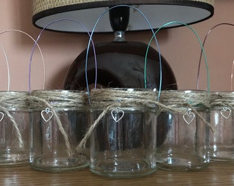 Hanging glass jar lanterns with twine and heart charm candle holder rustic vase shabby chic wedding table centrepiece Christmas gift