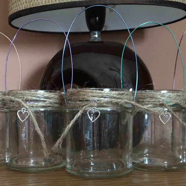 Hanging glass jar lanterns with twine and heart charm candle holder rustic vase shabby chic wedding table centrepiece Christmas gift