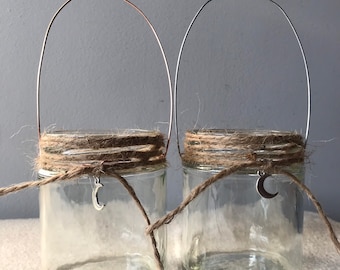 Hanging glass jar with twine and moon tea light Holder lanterns rustic wedding party decor outdoor indoor shabby chic copper silver wire