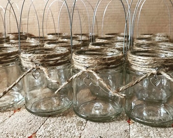 40 Hanging glass jar with twine and heart tea light Holder lanterns rustic wedding party decor outdoor indoor lighting shabby chic rustic