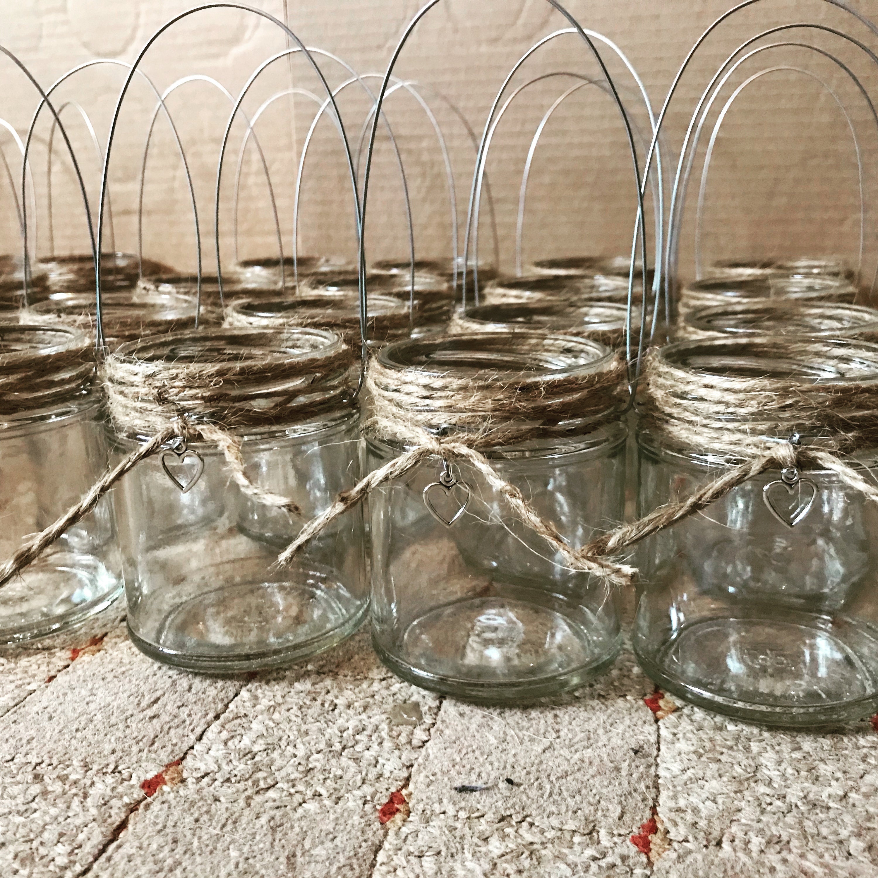 40 Hanging glass jar with twine and heart tea light Holder Etsy