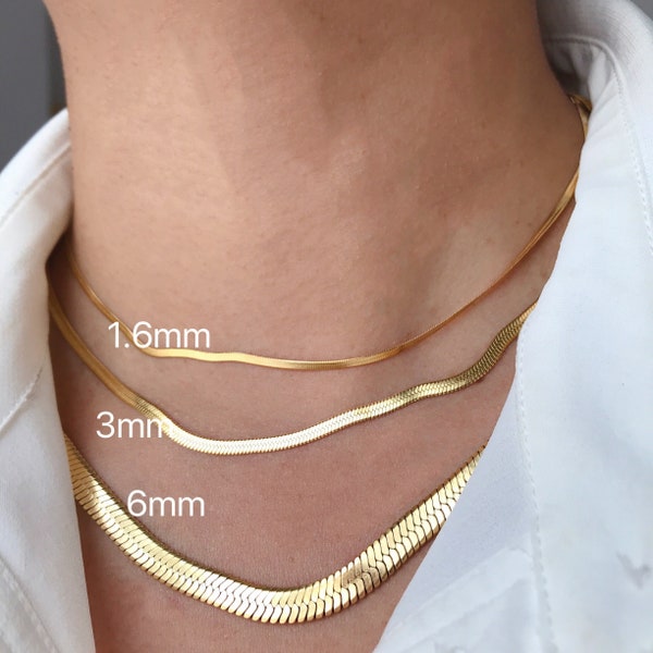 Gold Herringbone Snake necklace  gold necklace choker necklace chain necklace herringbone chain flat snake non tarnish, Gift For Her