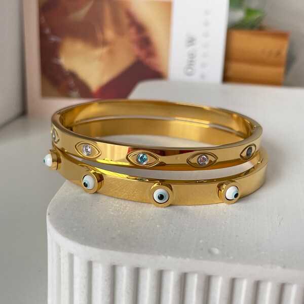 18K Gold Plated Bangle , Evil Eye Bangle For Women,Minimalist Gold Bangle Bracelet