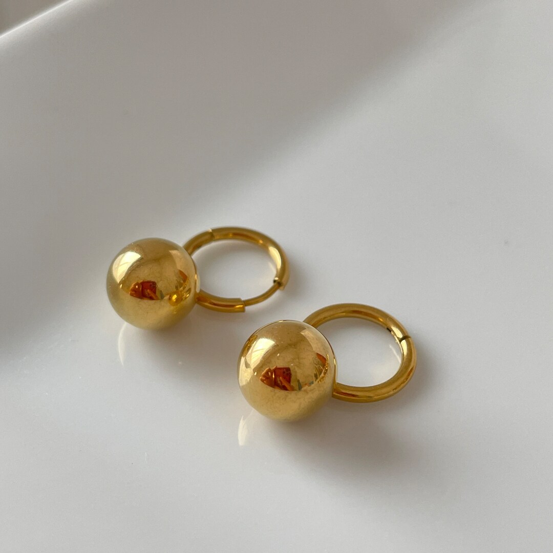 Gold Ball Drop Hoop Earrings, Large Ball Drop Hoop, Modern Earrings Etsy