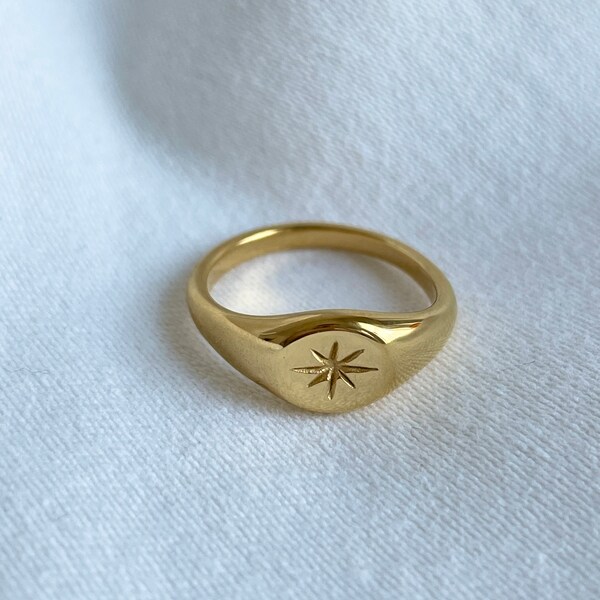 Anello con sigillo Starburst, Anelli con sigillo, Anello con sigillo d'oro, Anello della stella polare, anello che non sbiadisce, Anello Polaris, Anello d'oro minimalista, Regalo per lei