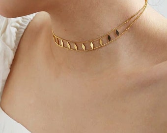 Tour de cou plaqué or 18 carats Dainty, collier Boho en or, collier en couches d'or, collier de géométrie minimaliste, non ternir
