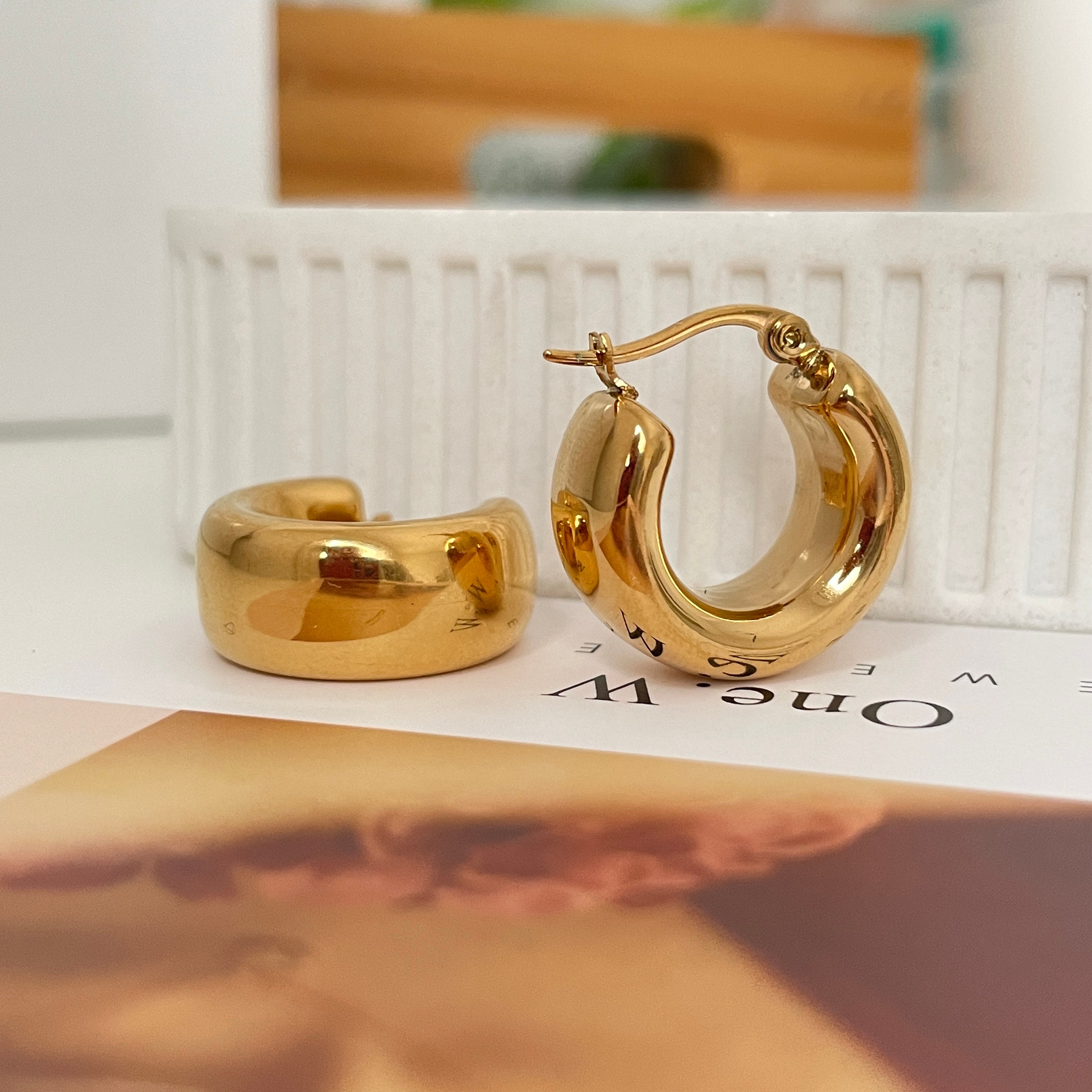 Letter Design Golden Hoop Earrings Elegant Simple Style Stainless Steel 18k  Gold Plated Jewelry Female Gift - Temu