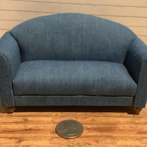 Miniature/Dollhouse Blue Denim Sofa with Optional Pillows, Skirt and Throw