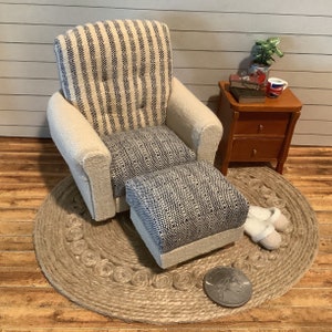 Miniature/Dollhouse Blue and Ecru Linen High Back Armchair with Optional Ottoman, Pillow and Throw