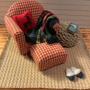 Miniature/Dollhouse Red Check Armchair with Optional Ottoman, Pillow and Throw