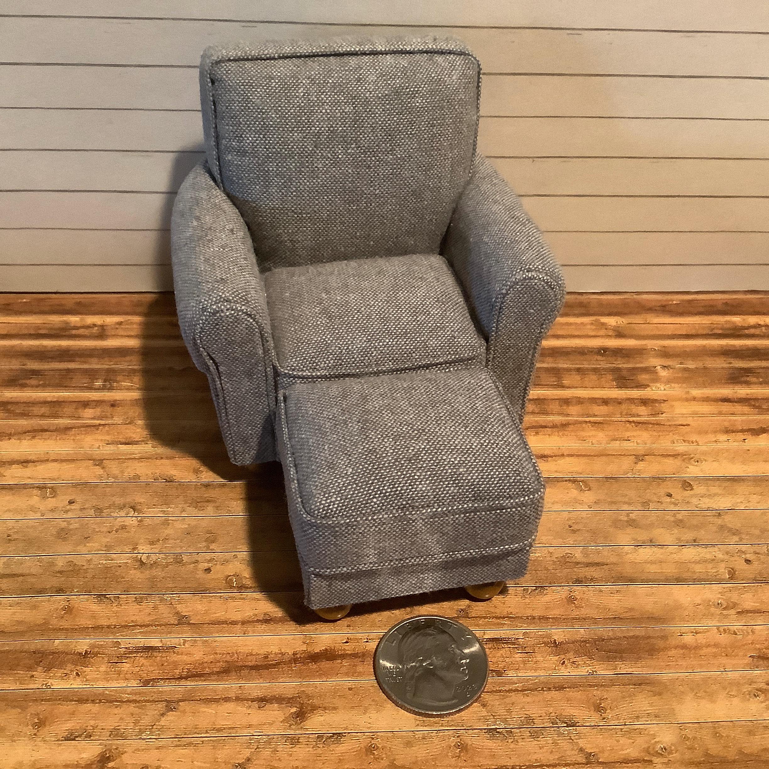 Miniature/Dollhouse Gray Linen High Back Armchair with Tailored Piping, Optional Ottoman, Pillow and Throw