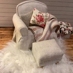 Miniature/Dollhouse Shabby Chic Natural Linen Armchair and Ottoman with Optional Pillows and Throw