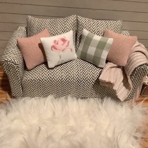 Miniature/Dollhouse Gray Tweed Sofa with Optional Pillows and Throw