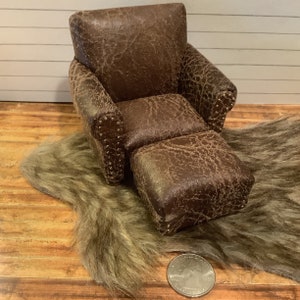 Miniature/Dollhouse Faux Leather High Back Armchair with Optional Ottoman, Pillow and Throw