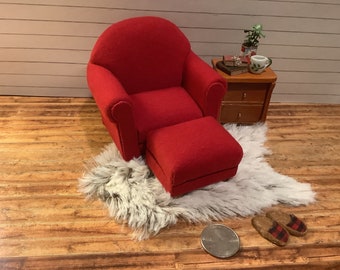 Miniature/Dollhouse Red Armchair and Optional Ottoman