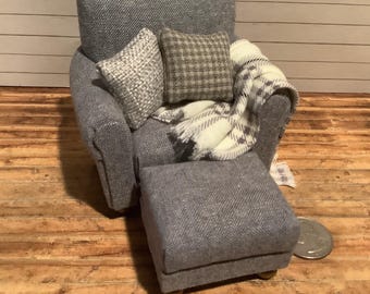 Miniature/Dollhouse Modern Gray Linen High Back Armchair with Optional Ottoman, Pillow and Throw
