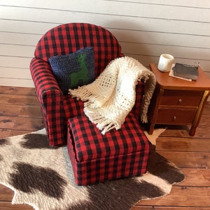 Miniature/Dollhouse Buffalo Plaid Armchair with Ottoman and Optional Pillow and Throw