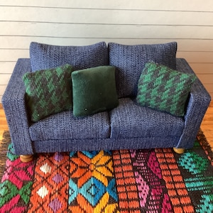 Miniature/Dollhouse Modern Blue Denim Sofa with Optional Pillow and Throws