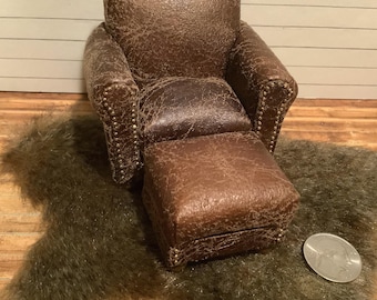 Miniature/Dollhouse Distressed Faux Leather High Back Armchair with Optional Ottoman, Pillow and Throw