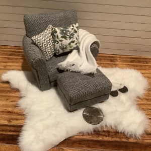 Miniature/Dollhouse Modern Gray Linen High Back Armchair with Optional Ottoman, Pillow and Throw