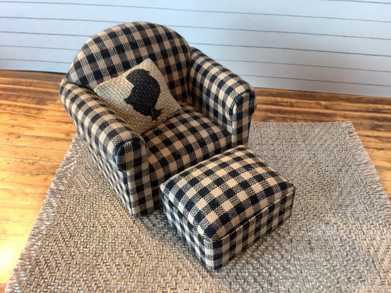 Miniature dollhouse Black Check Armchair With Ottoman and Optional