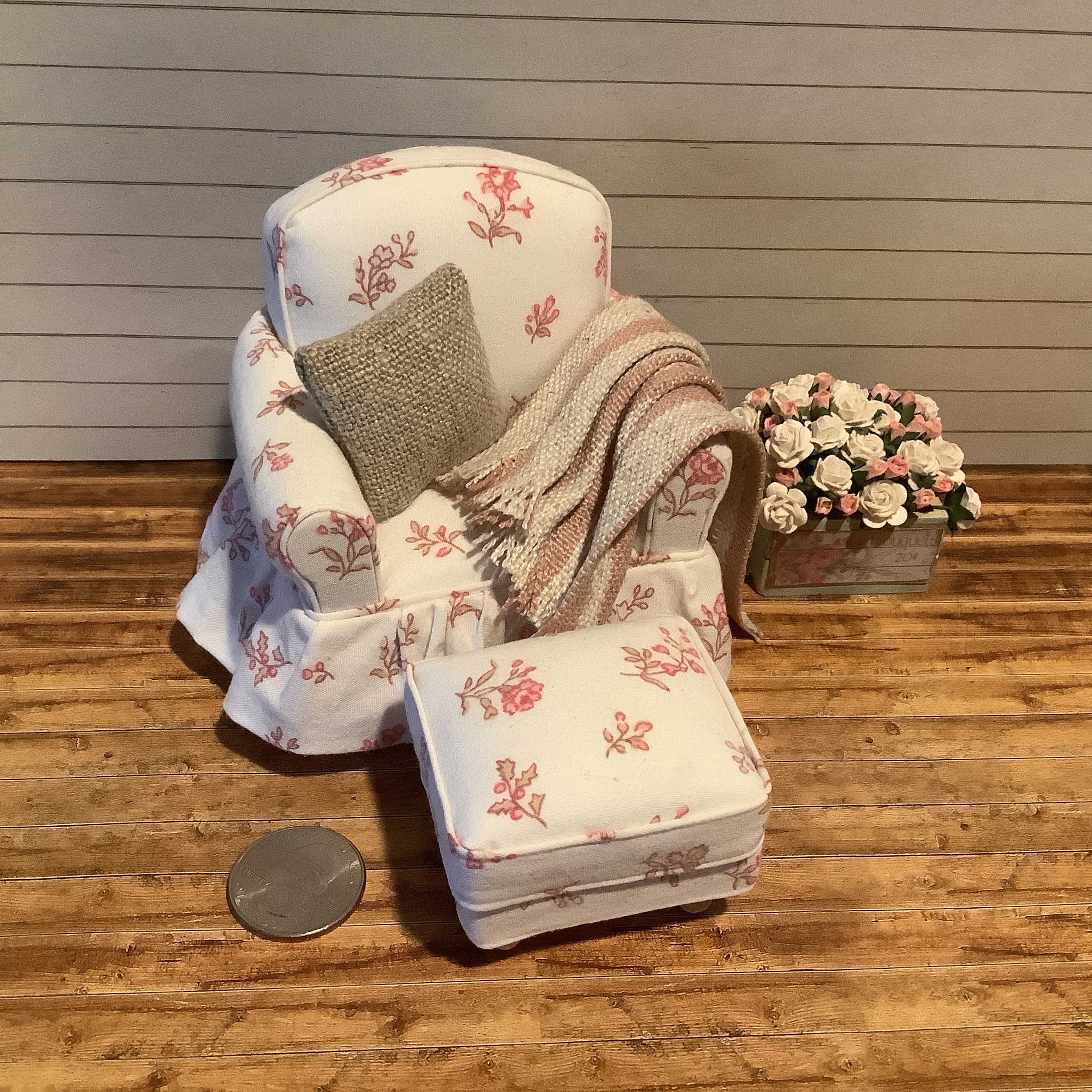 Miniature dollhouse Shabby Chic Tiny Floral Armchair and Ottoman
