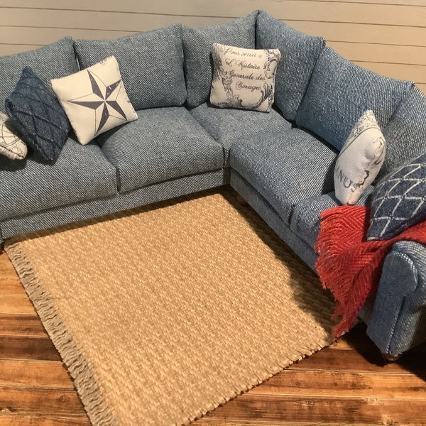 Miniature/Dollhouse Faded Denim Corner Sectional and Optional Pillows and Throw