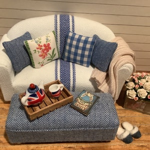 Miniature/Dollhouse Blue Grainsack Stripe Sofa with Optional Pillows