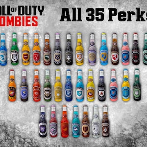 May include: A collection of 35 colourful soda bottles with different labels, each representing a perk from the Call of Duty: Zombies game mode. The bottles are arranged in rows on a grey textured background. The text "All 35 Perks" is displayed in black at the top of the image.
