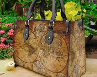 Vintage Map Leather Bag, Global Map Leather Handbag,Map Crossbody Bag, Customized Leather bag,Shoulder Handbag,Handmade Bag, Map Lover Bag