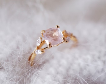Natural Rose Quartz Ring - 18K Gold Vermeil Ring, Adjustable Pink Crystal 925 Silver Ring, Olive Promise Birthstone Ring *R117