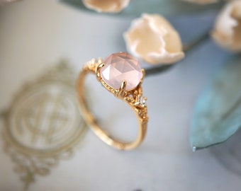 Round Cut Natural Rose Quartz Ring - Gold Vermeil Ring, Adjustable Pink Crystal Sterling Silver Ring, Promise Birthstone Ring *R093