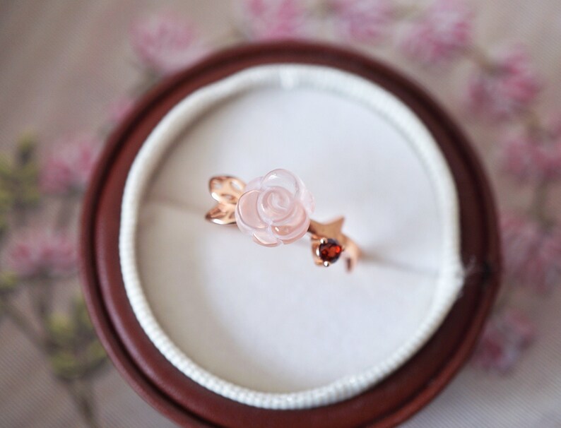 Natural Rose Quartz with Garnet Hand-carved Rose Ring - 18K Rose Gold Vermeil Adjustable 925 Silver Promise Birthstone Ring *R128 